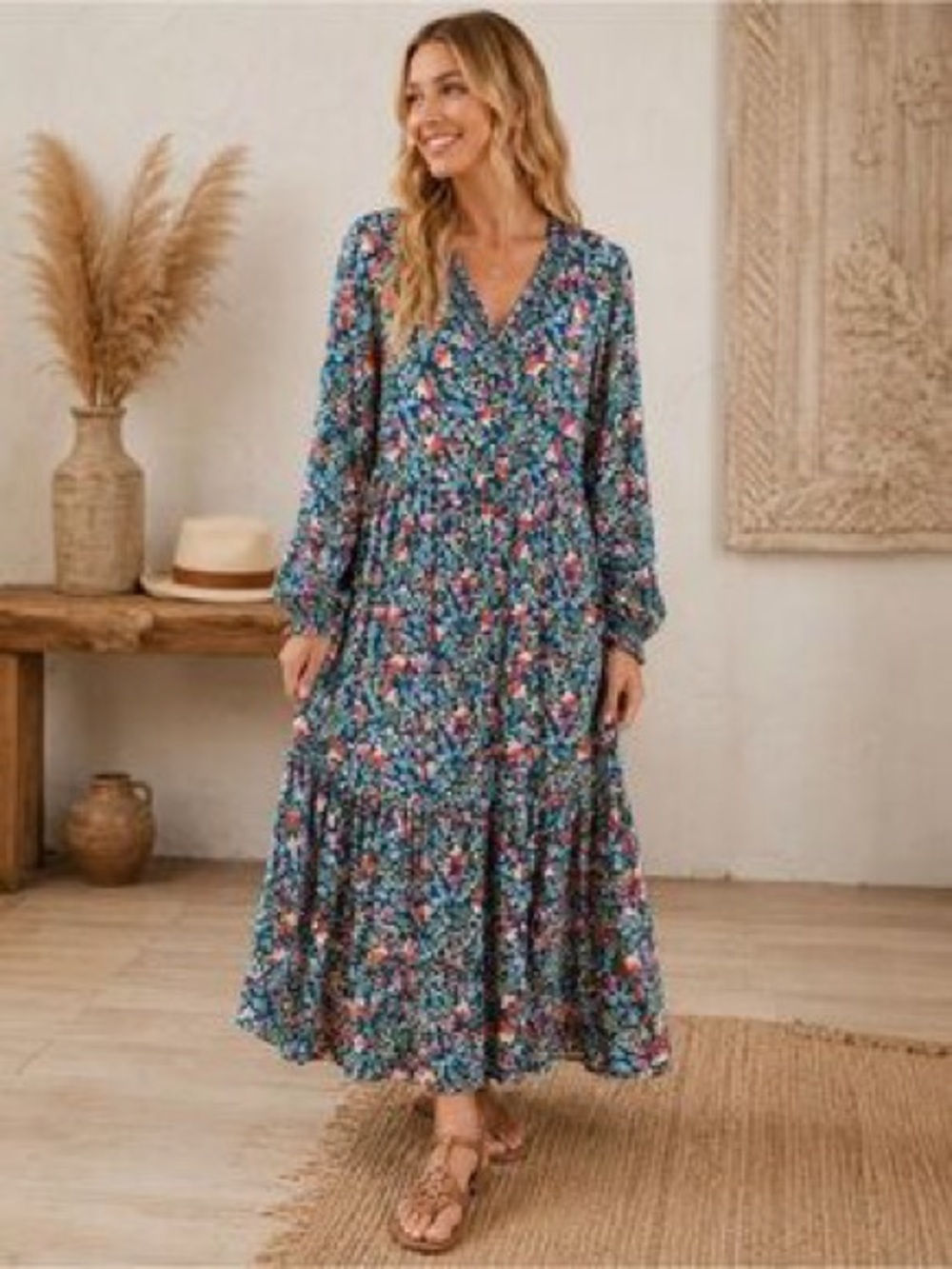 Natural Life Floral Rebecca Tiered Midi Dress Blue Floral Size M